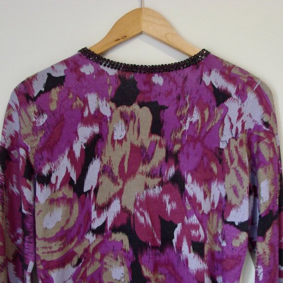 Cashmere Silk Sweater Cardigan Crewneck Preppy Purple Black Rhinestones Medium - Picture 10 of 13
